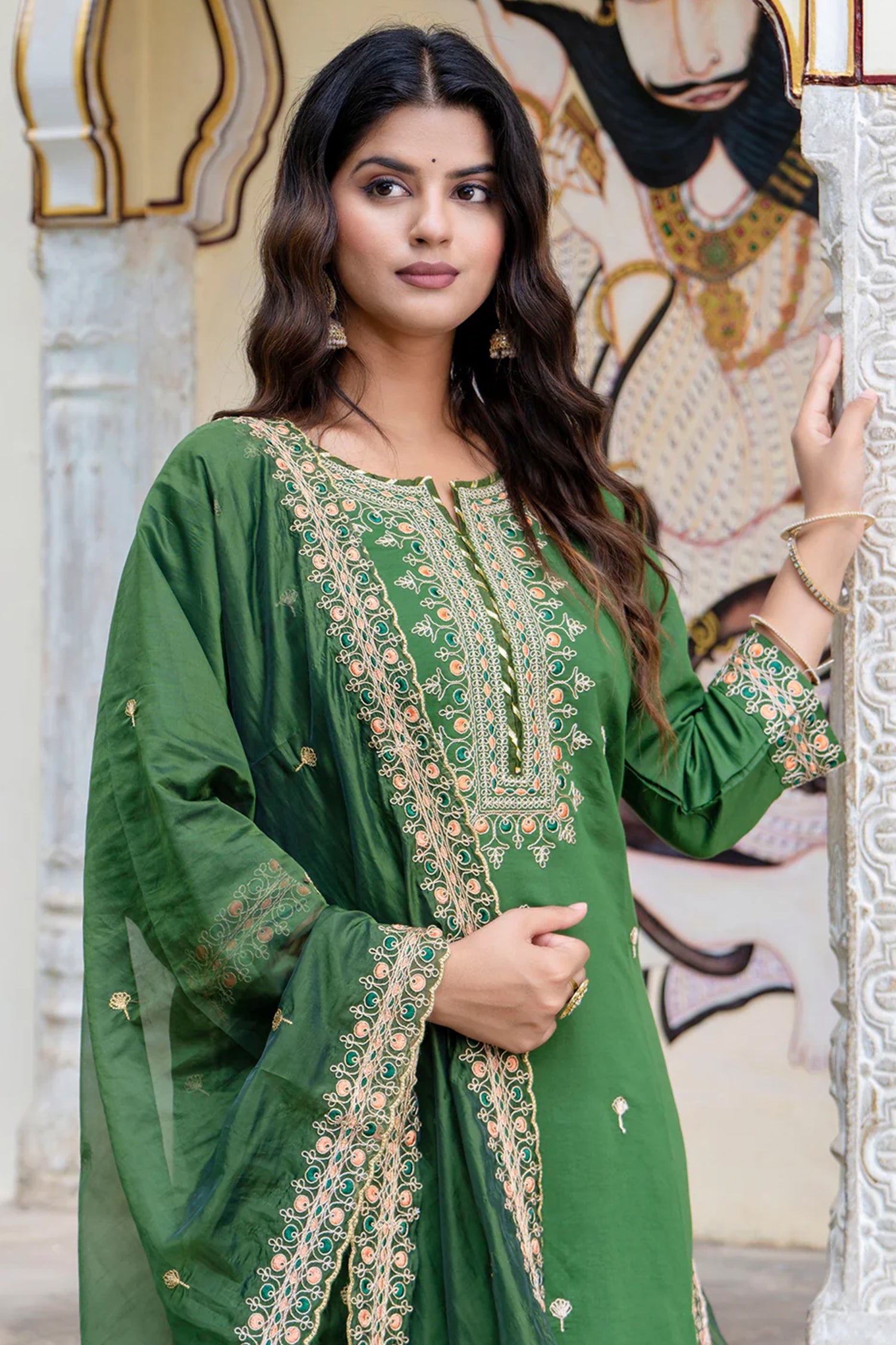 Green Silk Embroidered Straight Cut Kurti Set