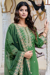 Green Silk Embroidered Straight Cut Kurti Set