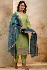 Pista Green Chanderi Embroidered Straight Cut Kurti Set