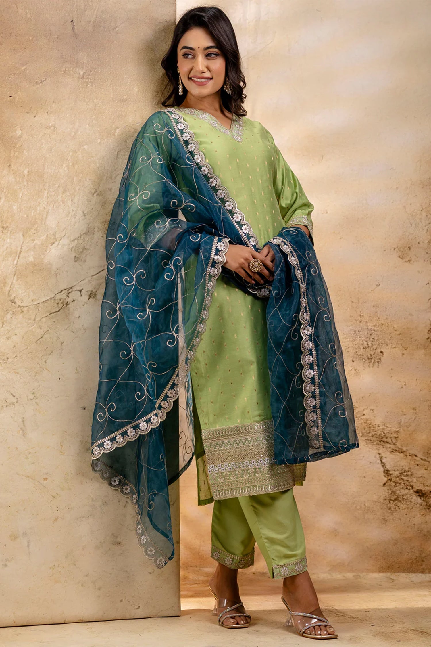 Pista Green Chanderi Embroidered Straight Cut Kurti Set