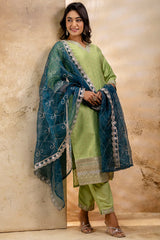 Pista Green Chanderi Embroidered Straight Cut Kurti Set