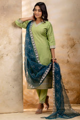 Pista Green Chanderi Embroidered Straight Cut Kurti Set
