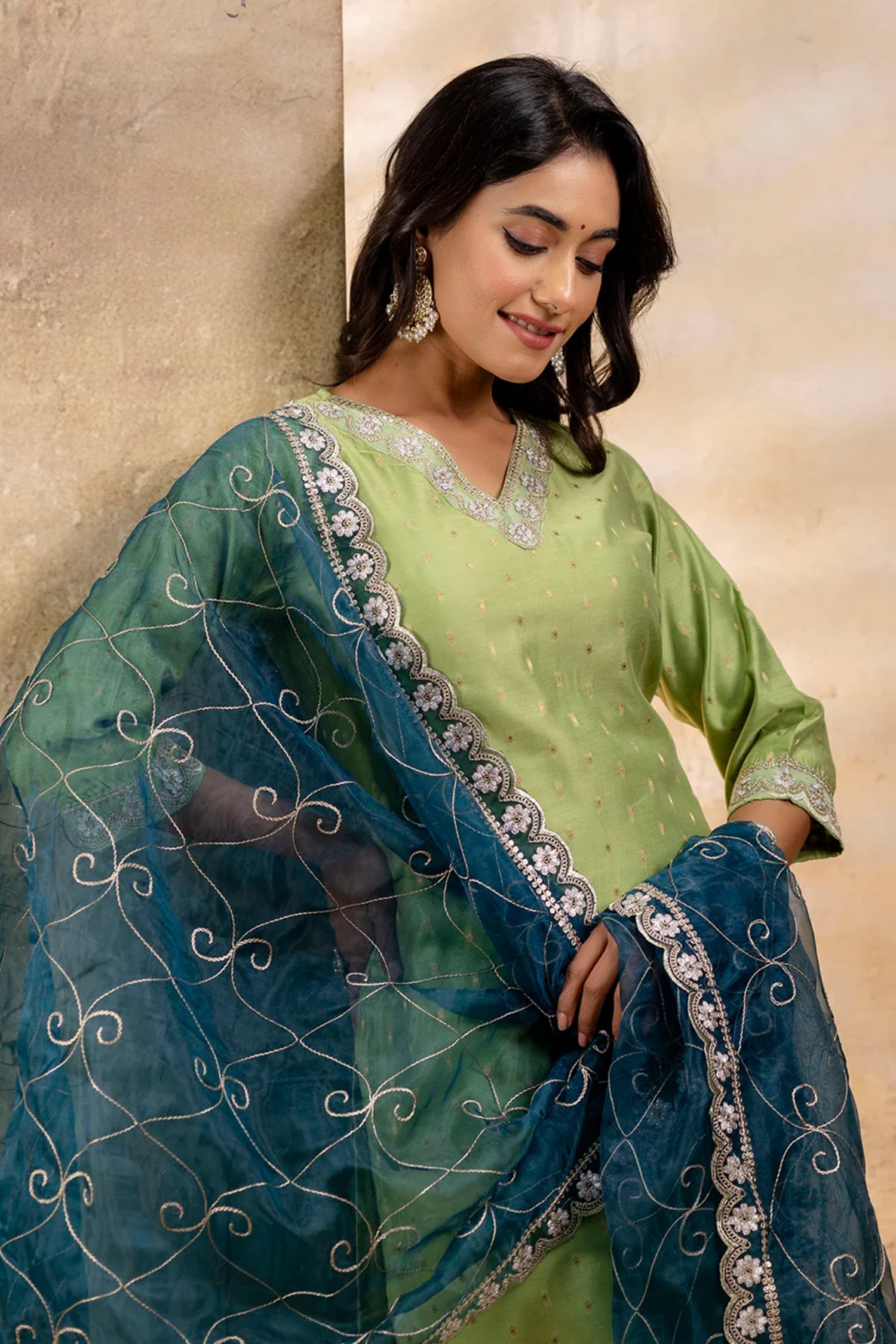 Pista Green Chanderi Embroidered Straight Cut Kurti Set