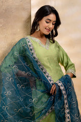 Pista Green Chanderi Embroidered Straight Cut Kurti Set