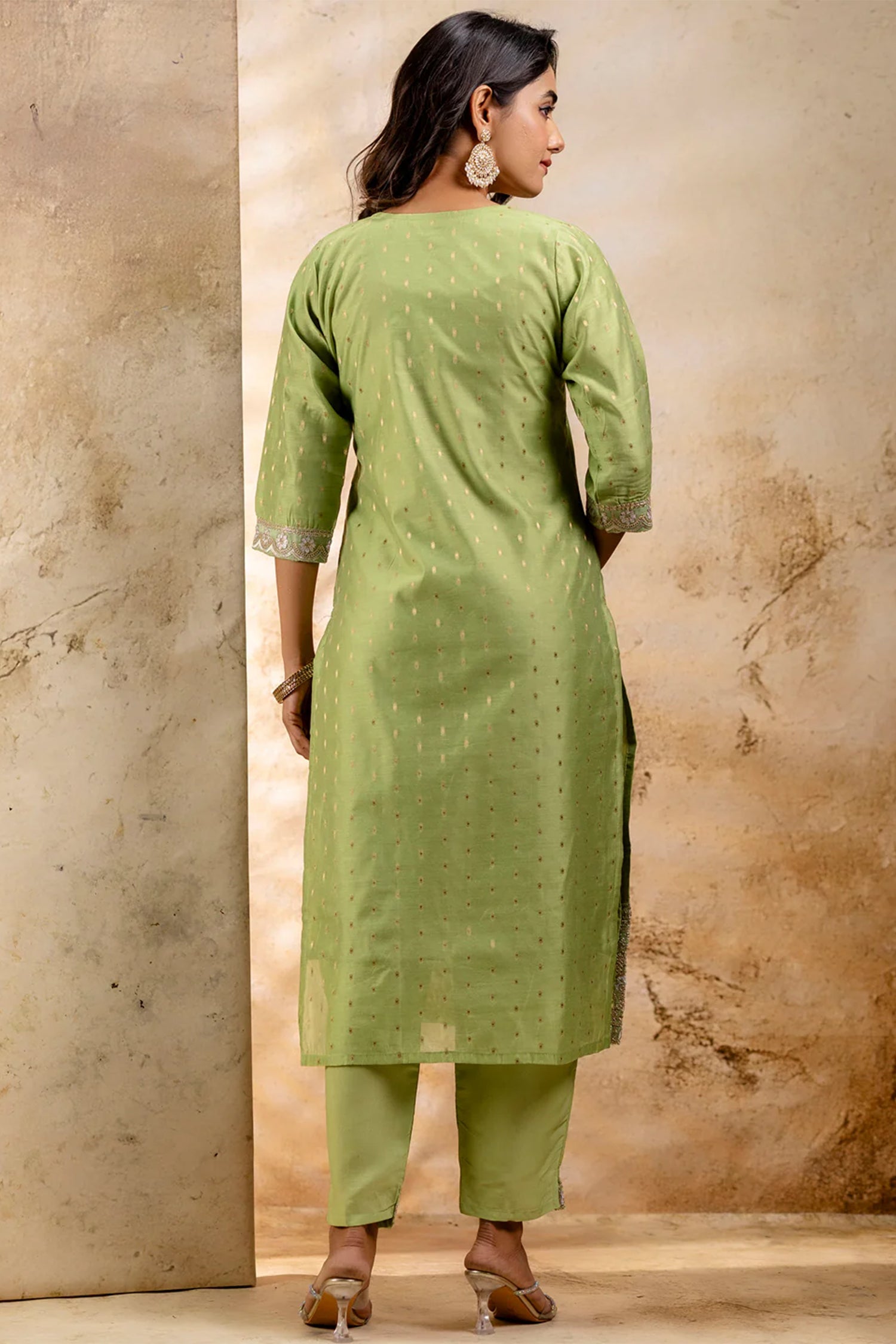 Pista Green Chanderi Embroidered Straight Cut Kurti Set