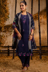 Navy Blue Viscose Rayon Embroidered Straight Cut Kurti Set