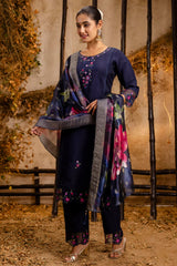 Navy Blue Viscose Rayon Embroidered Straight Cut Kurti Set