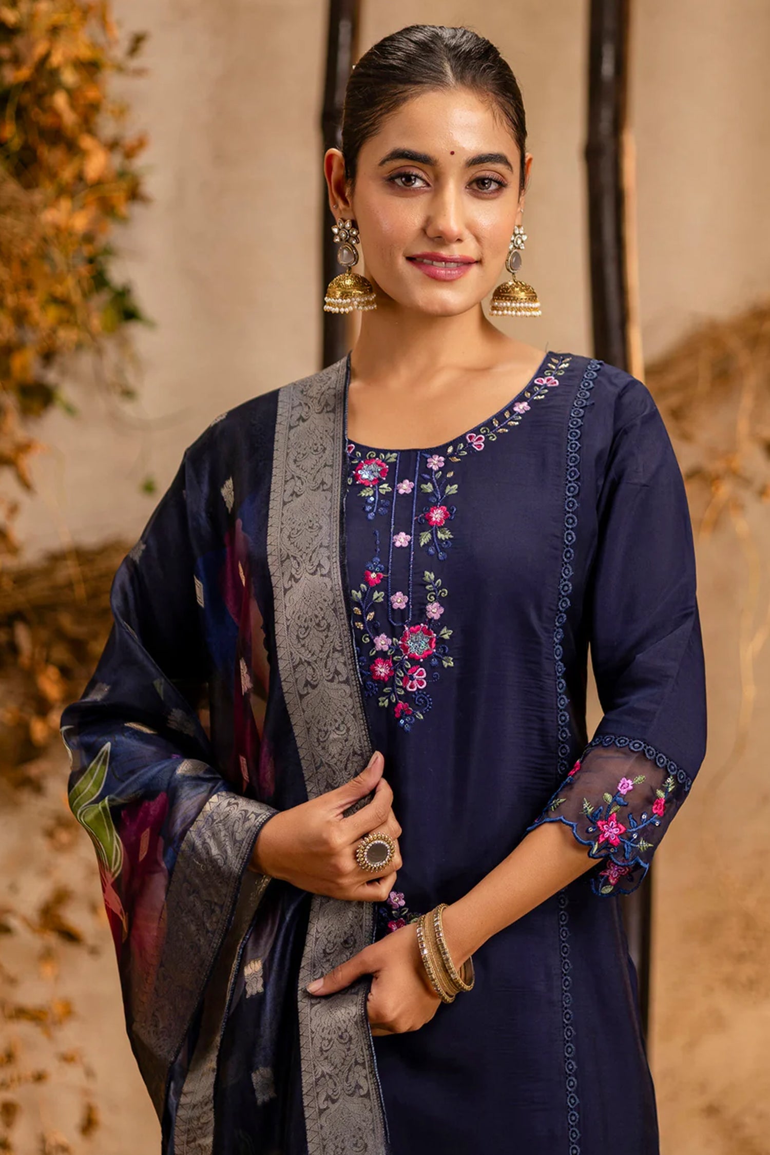 Navy Blue Viscose Rayon Embroidered Straight Cut Kurti Set