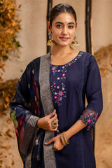 Navy Blue Viscose Rayon Embroidered Straight Cut Kurti Set