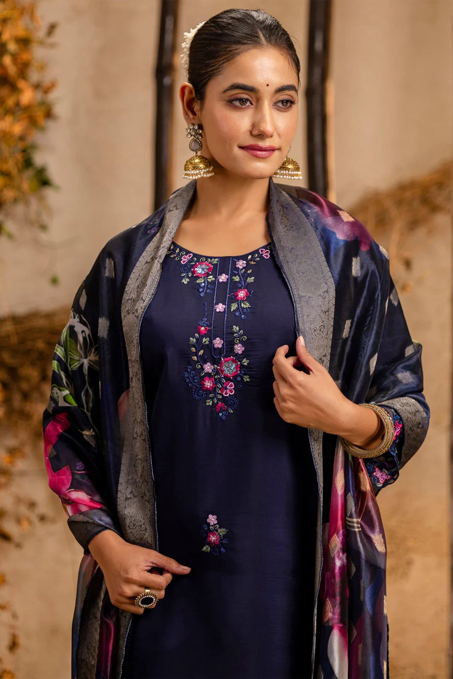 Navy Blue Viscose Rayon Embroidered Straight Cut Kurti Set