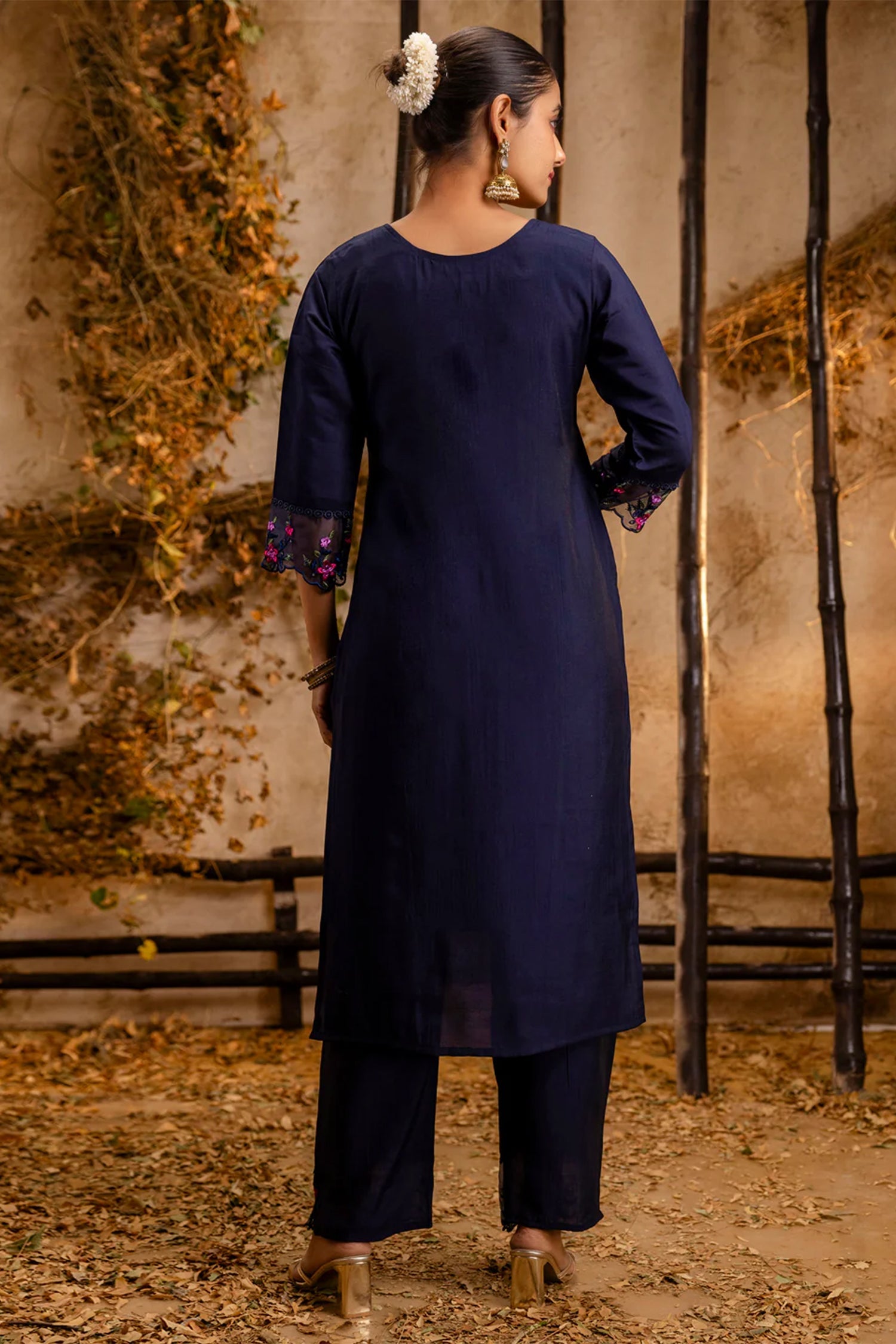 Navy Blue Viscose Rayon Embroidered Straight Cut Kurti Set