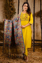 Yellow Viscose Rayon Embroidered Straight Cut Kurti Set