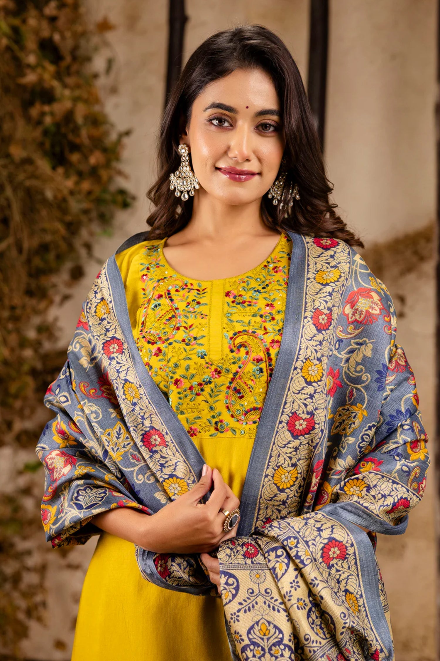 Yellow Viscose Rayon Embroidered Straight Cut Kurti Set