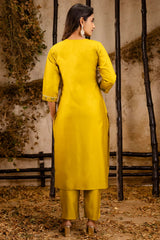 Yellow Viscose Rayon Embroidered Straight Cut Kurti Set