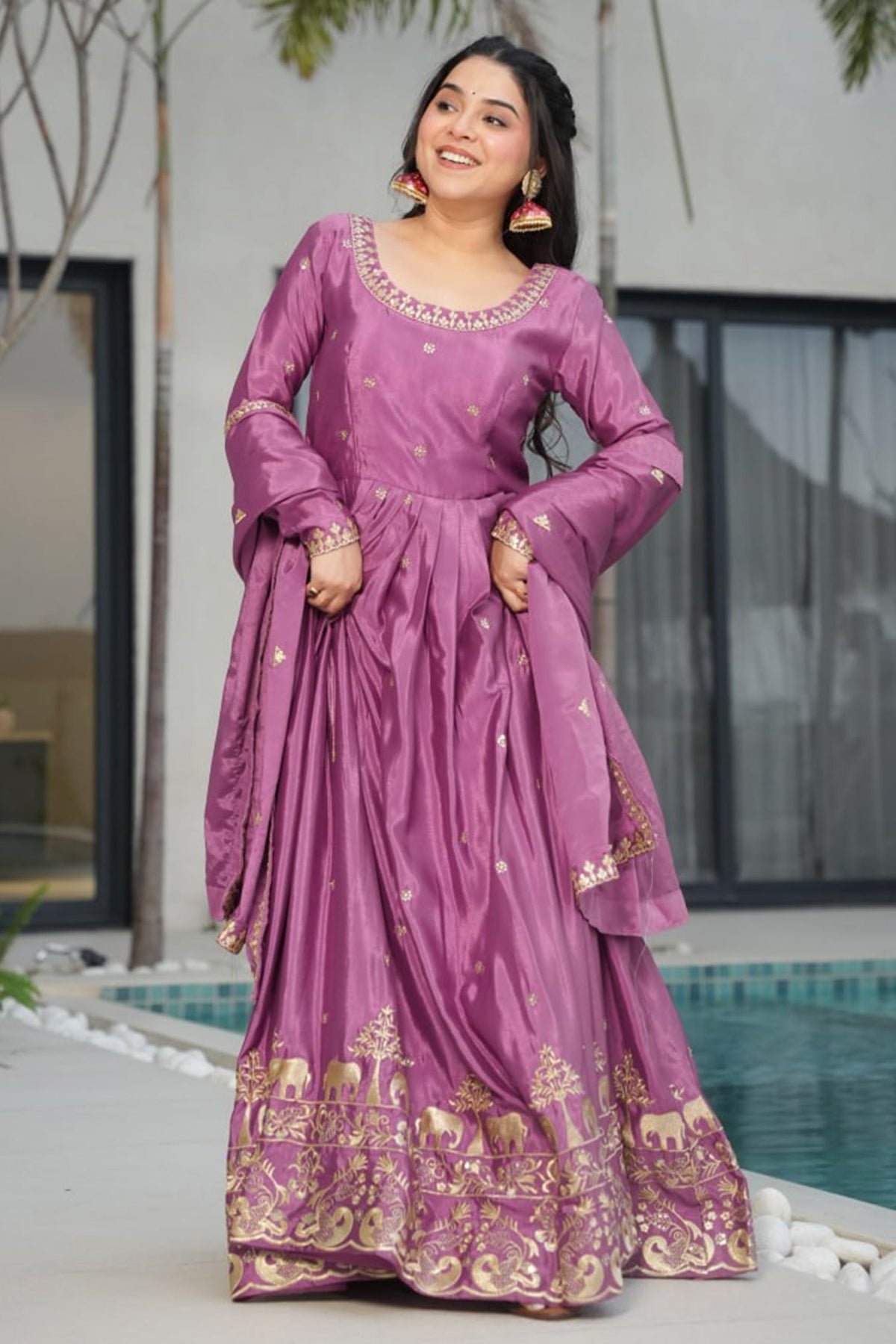 Mauve Chinon Embroidered Anarkali Kurti with Dupatta