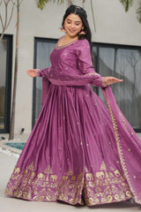 Mauve Chinon Embroidered Anarkali Kurti with Dupatta