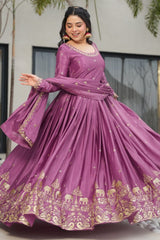 Mauve Chinon Embroidered Anarkali Kurti with Dupatta