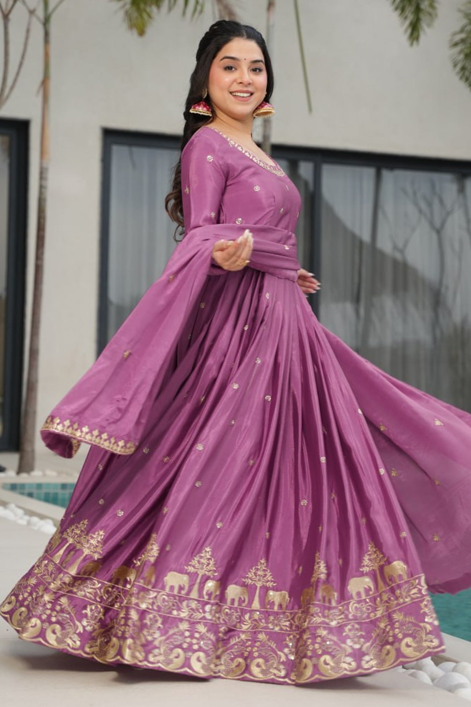 Mauve Chinon Embroidered Anarkali Kurti with Dupatta