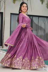 Mauve Chinon Embroidered Anarkali Kurti with Dupatta