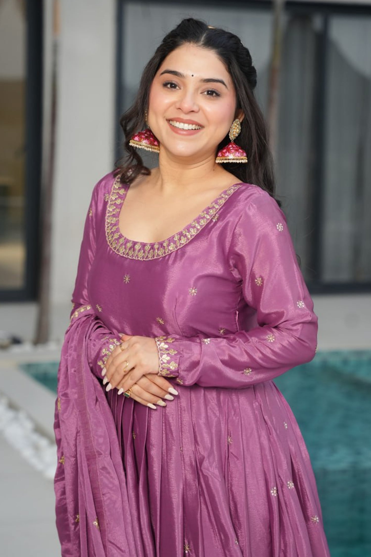 Mauve Chinon Embroidered Anarkali Kurti with Dupatta