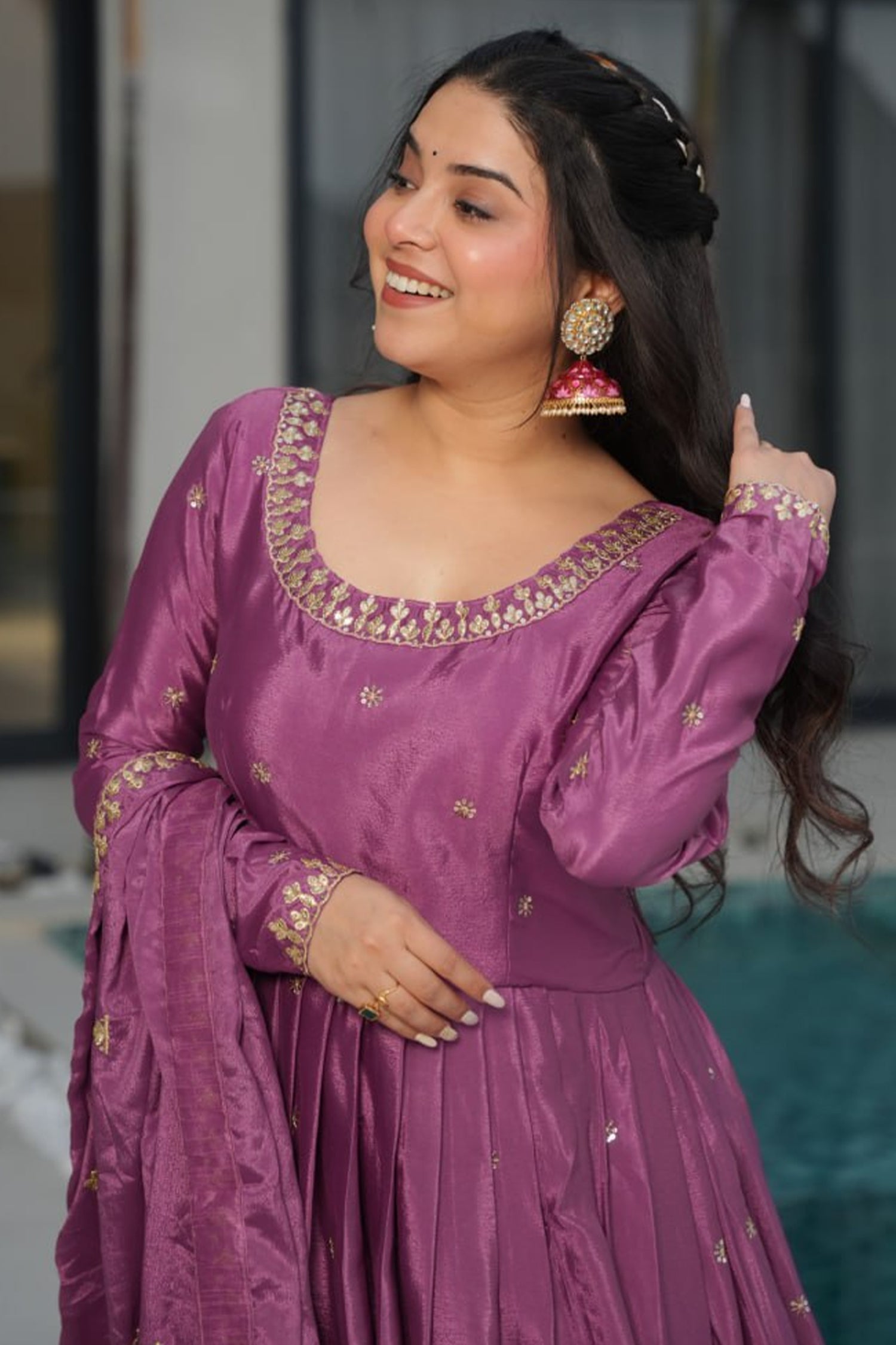 Mauve Chinon Embroidered Anarkali Kurti with Dupatta