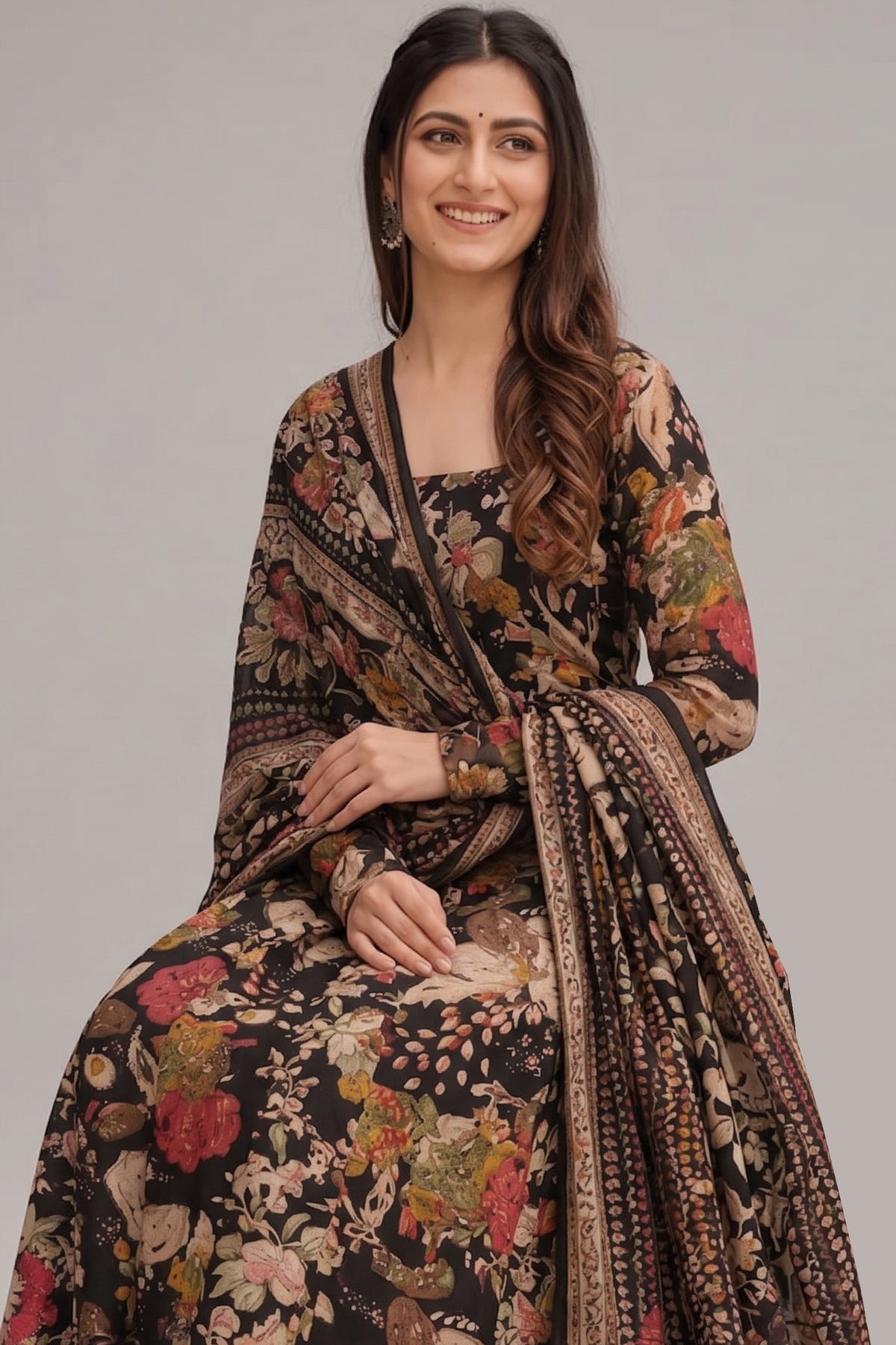 Multi Colored Cotton Floral Printed Flared Kurti Set - red cotton saree