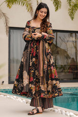 Multi Colored Cotton Floral Printed Flared Kurti Set