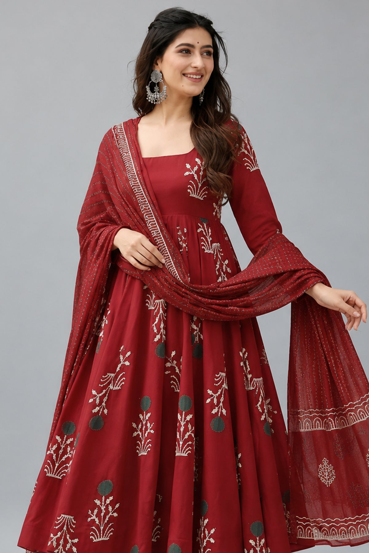 Maroon Cotton Floral Printed Flared Kurti Set - red cotton saree