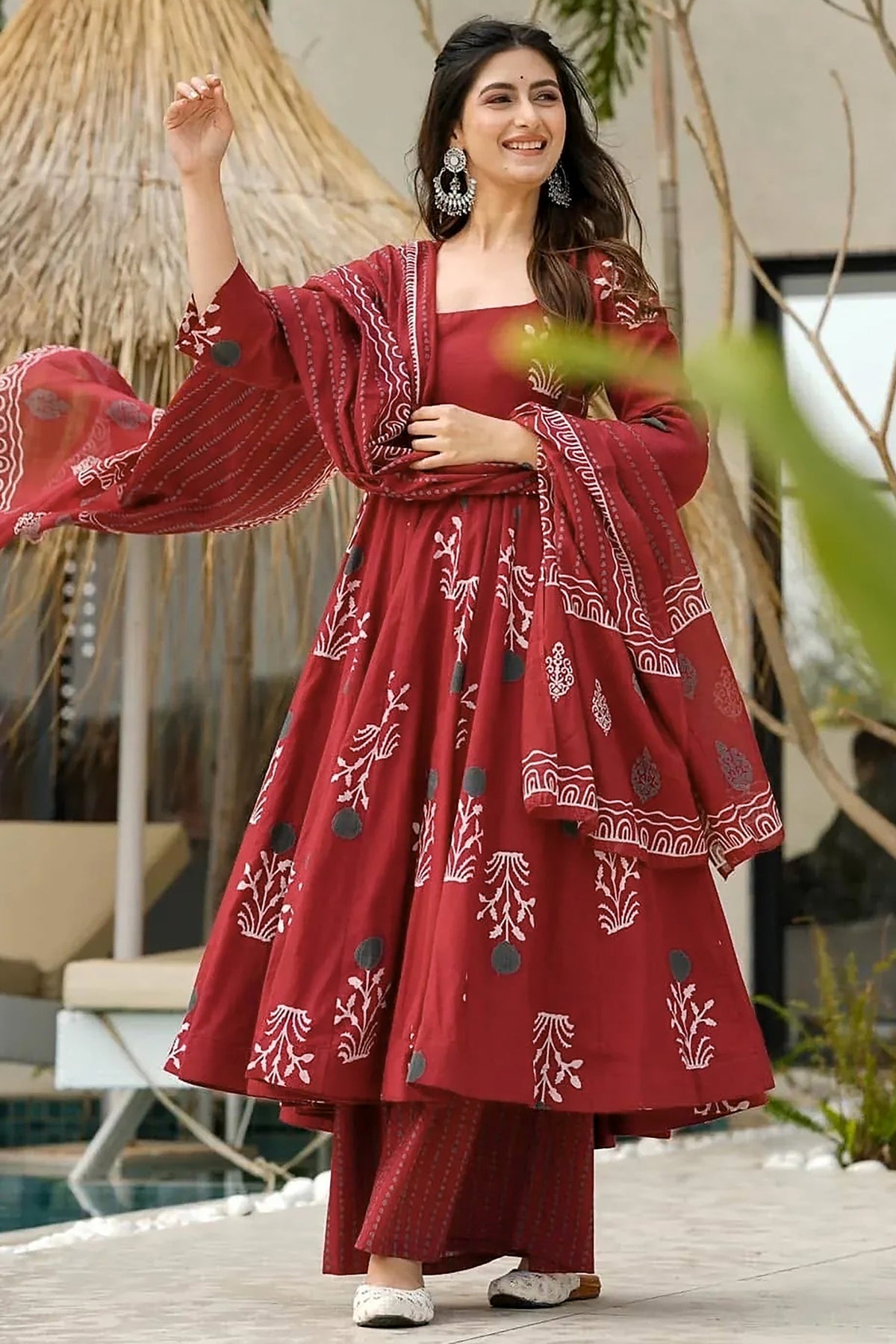 Maroon Cotton Floral Printed Flared Kurti Set - red cotton saree