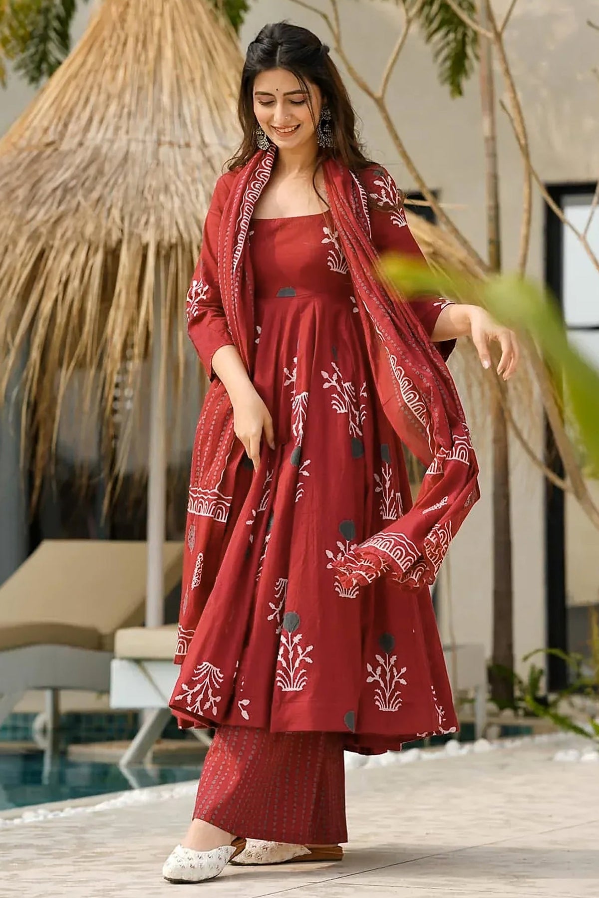 Maroon Cotton Floral Printed Flared Kurti Set - red cotton saree