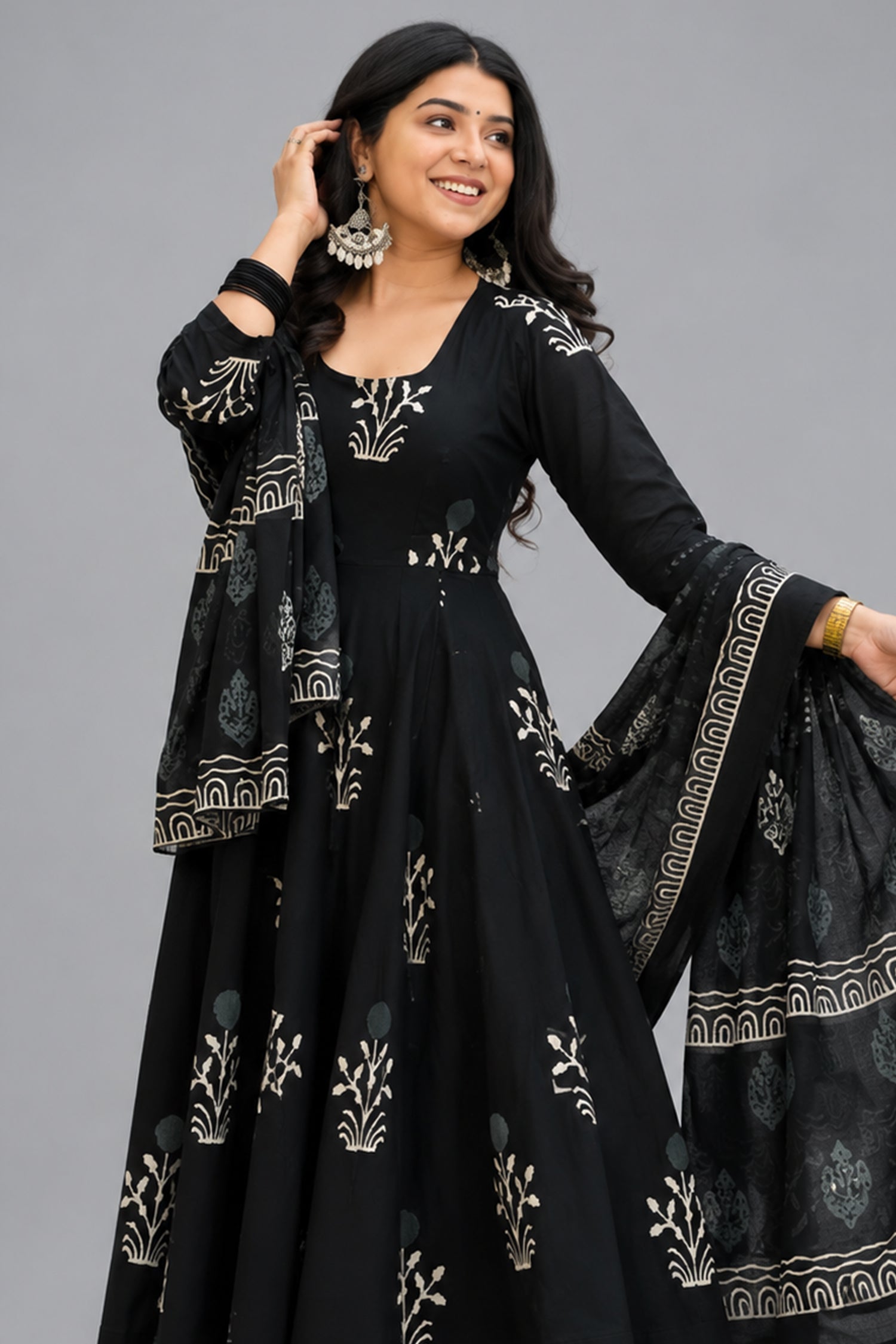 Black Cotton Floral Printed Flared Kurti Set - red cotton saree