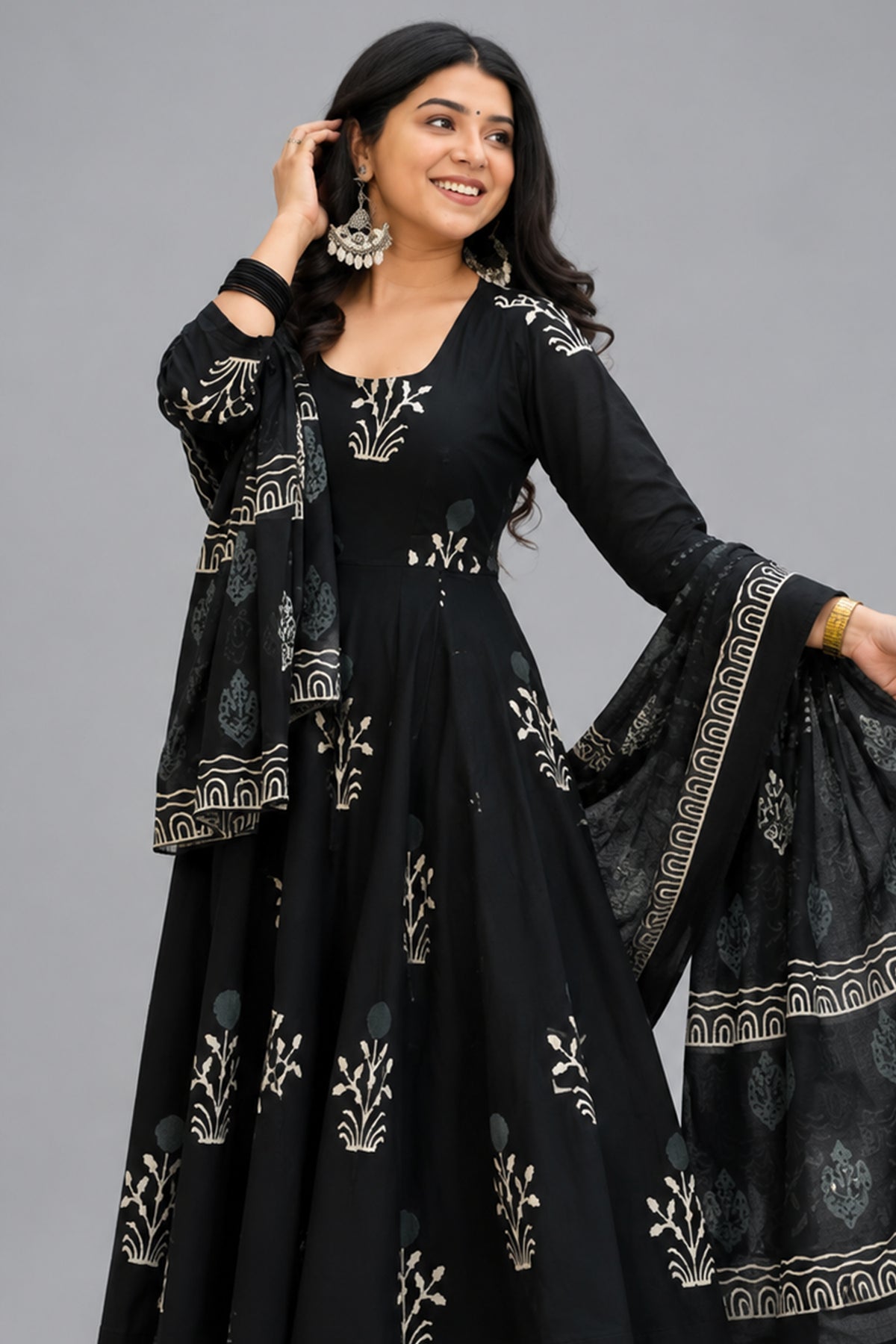 Black Cotton Floral Printed Flared Kurti Set - red cotton saree