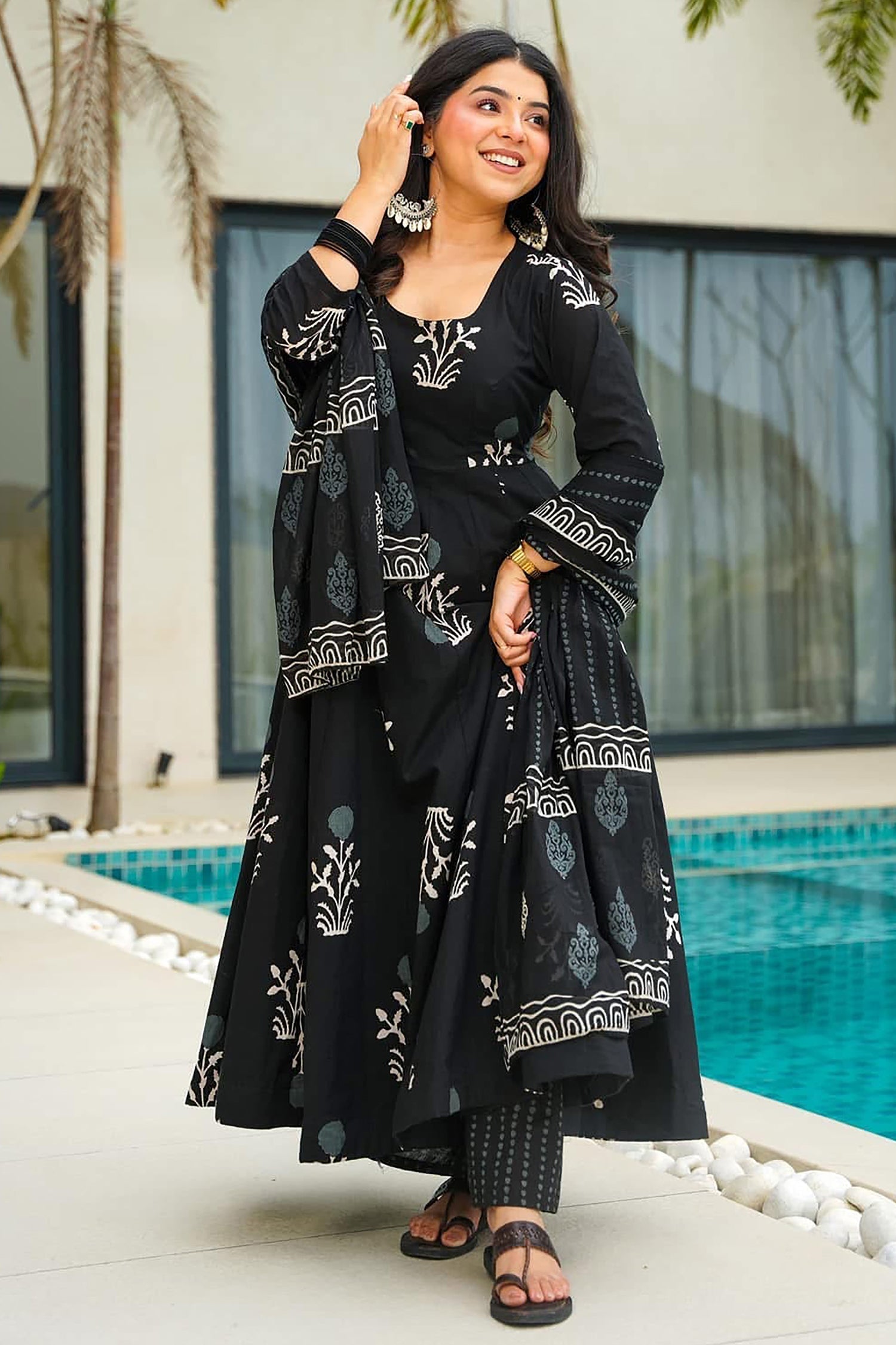 Black Cotton Floral Printed Flare