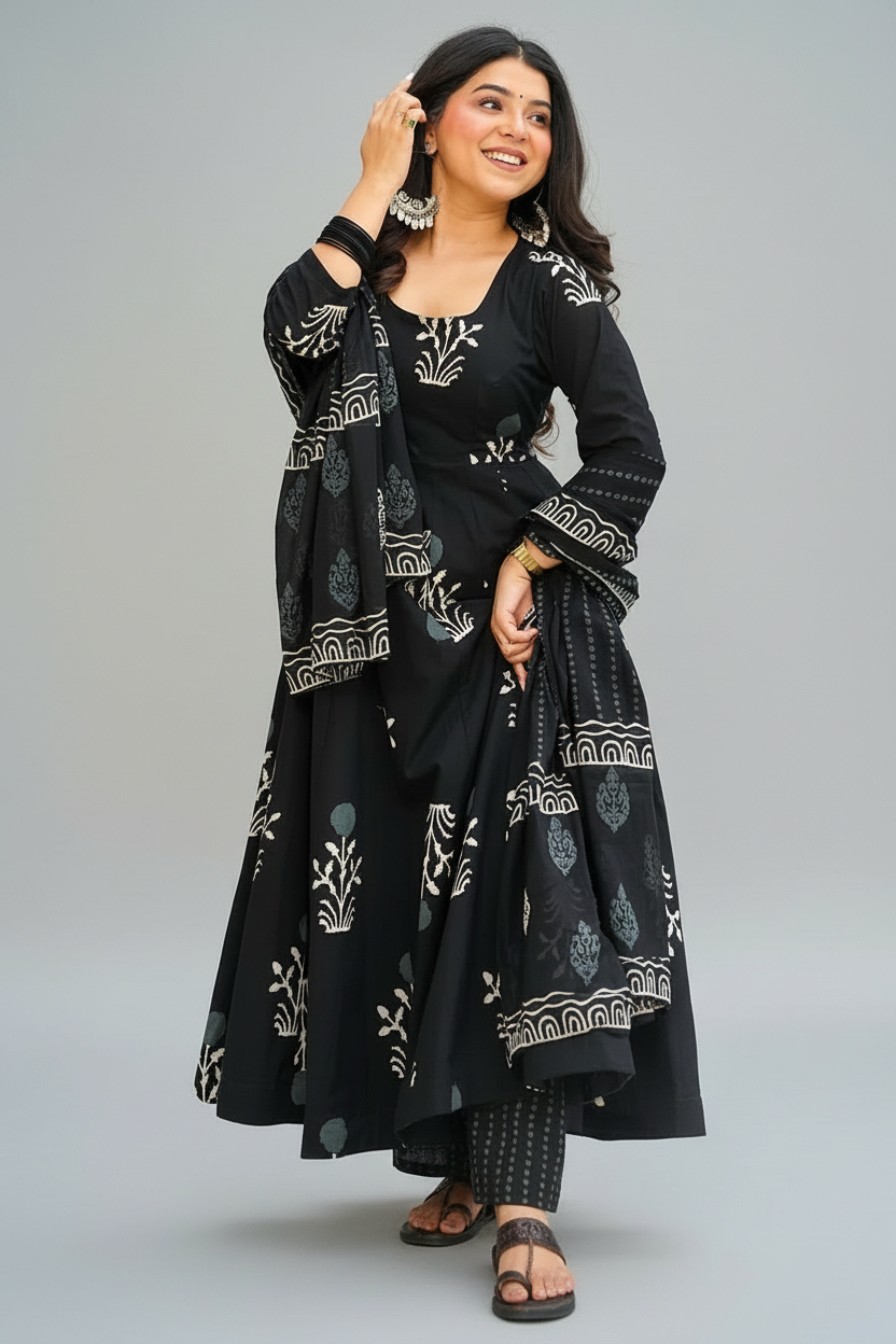 Black Cotton Floral Printed Flared Kurti Set - red cotton saree