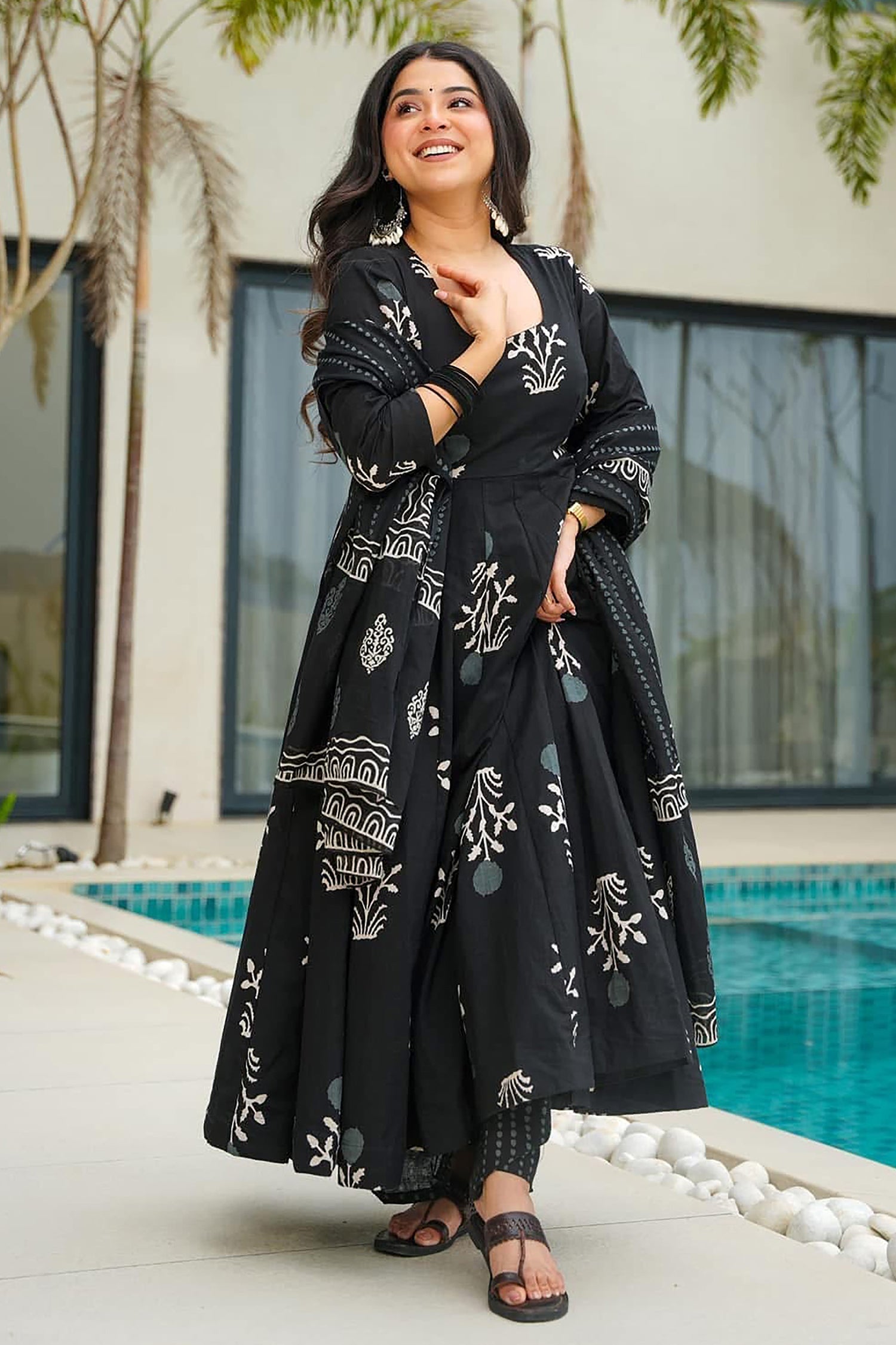 Black Cotton Floral Printed Flared Kurti Set