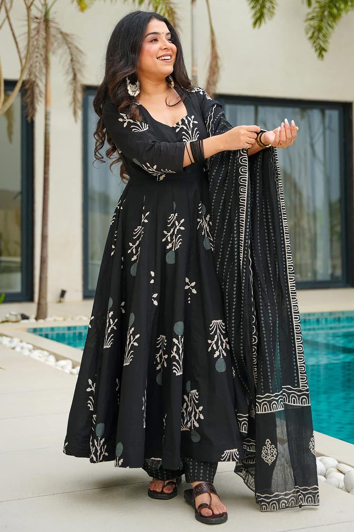 Black Cotton Floral Printed Flared Kurti Set - red cotton saree