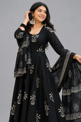 Black Cotton Floral Printed Flared Kurti Set - red cotton saree