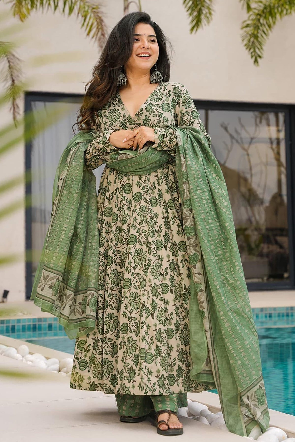 Cream Cotton Floral Printed Flared Kurti Set