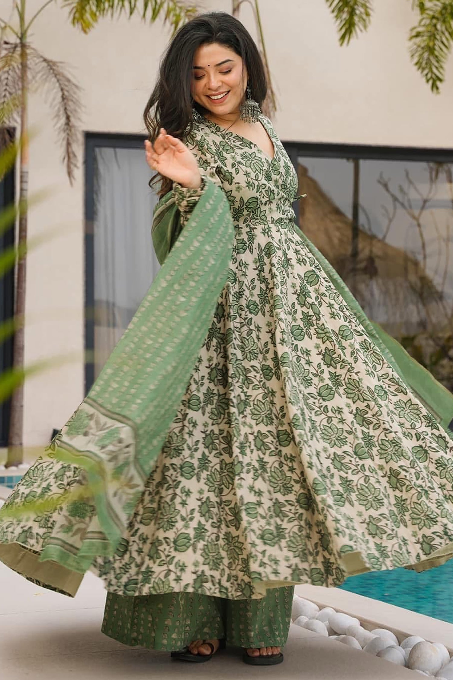 Cream Cotton Floral Printed Flared Kurti Set