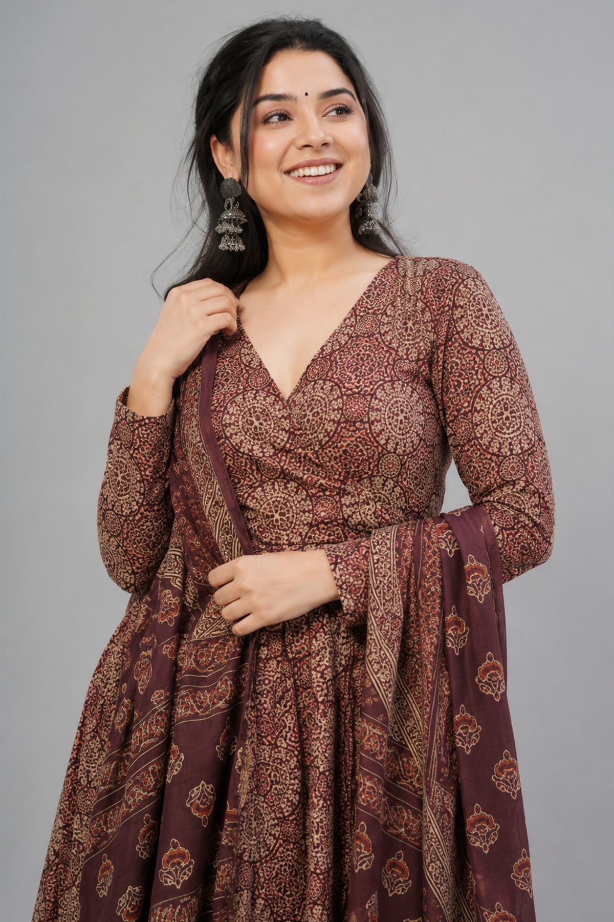 Brown Cotton Floral Printed Flared Kurti Set - red cotton saree
