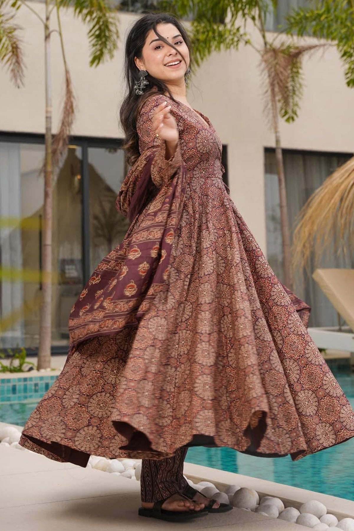 Brown Cotton Floral Printed Flared Kurti Set - red cotton saree