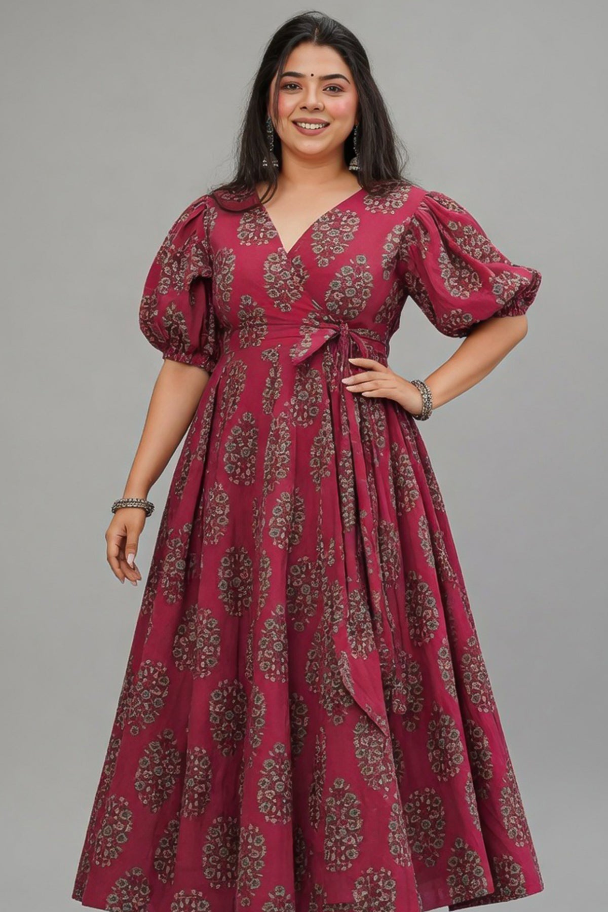 Magenta Cotton Floral Printed Flared Kurti Set - red cotton saree