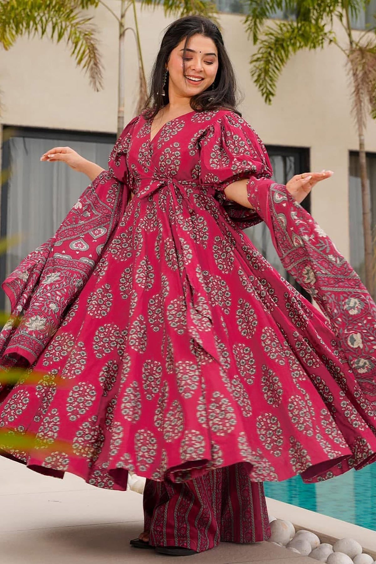 Magenta Cotton Floral Printed Flared Kurti Set