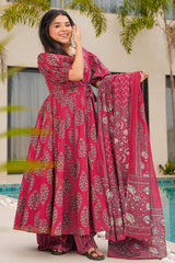 Magenta Cotton Floral Printed Flared Kurti Set