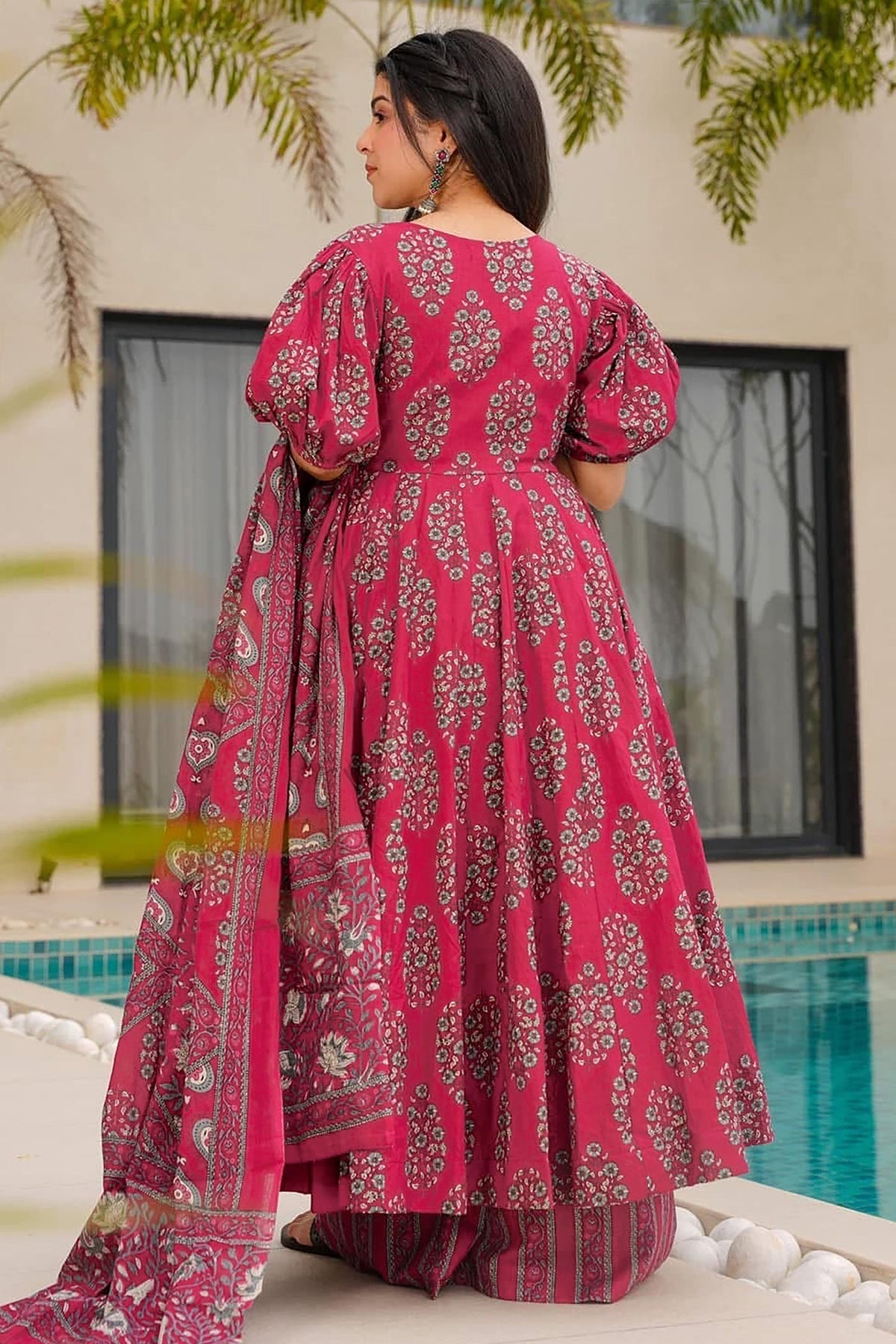 Magenta Cotton Floral Printed Flared Kurti Set - red cotton saree