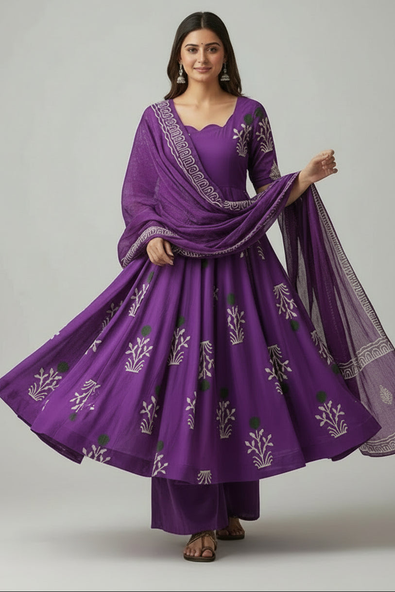 Purple Cotton Floral Printed Flared Kurti Set - red cotton saree Main image