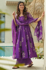 Purple Cotton Floral Printed Flared Kurti Set