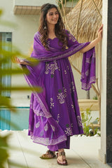 Purple Cotton Floral Printed Flared Kurti Set