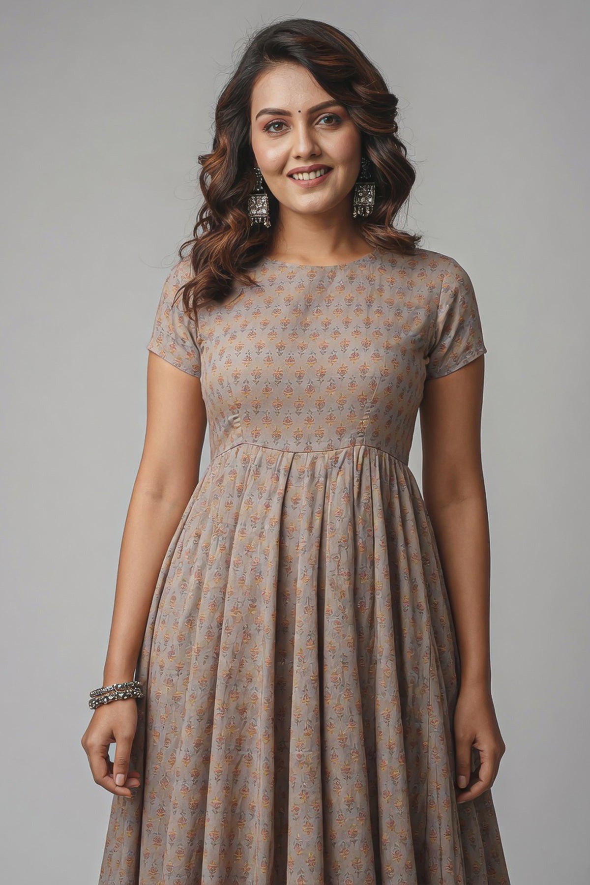 Taupe Rayon Digital Printed Long Anarkali Kurti - rayon saree