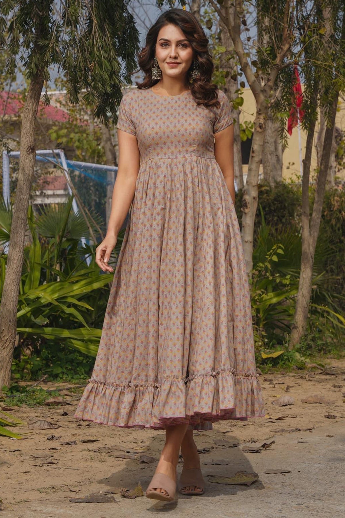 Taupe Rayon Digital Printed Long Anarkali Kurti - rayon saree